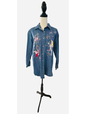 90's Disney Store Alice In Wonderland Embroidered Denim Button Up Shirt Medium